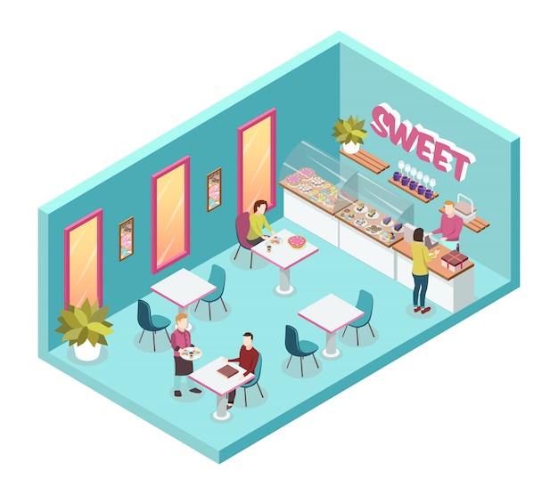 Free Vector sweet shop inside with waiters and consumers