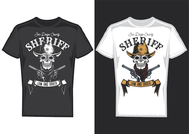 Free Vector t-shirt design samples with illustration of a cowboy skull.