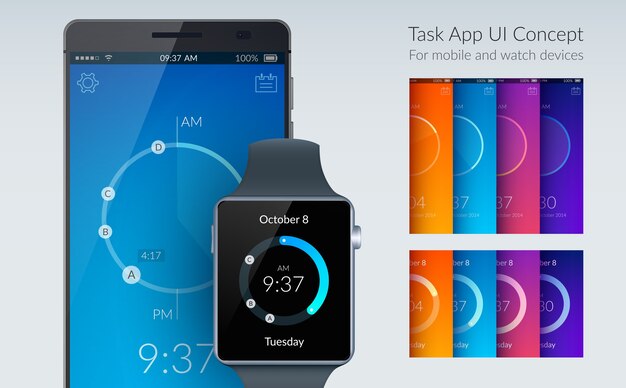 Task app ui design concept for mobile and watch devices on light flat illustration