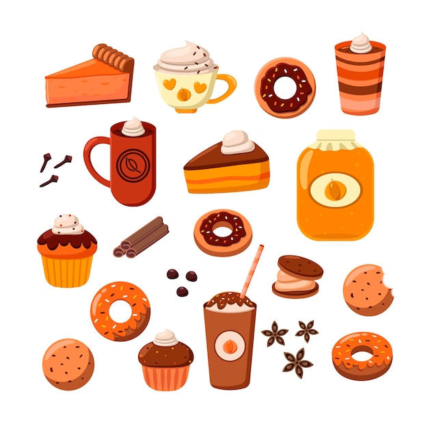 Free Vector tasty desserts and coffee cartoon illustration set. pumpkin and chocolate pie, donut and muffins. hot frappe, fall and halloween drinks with spices isolated on white background. food, beverage concept