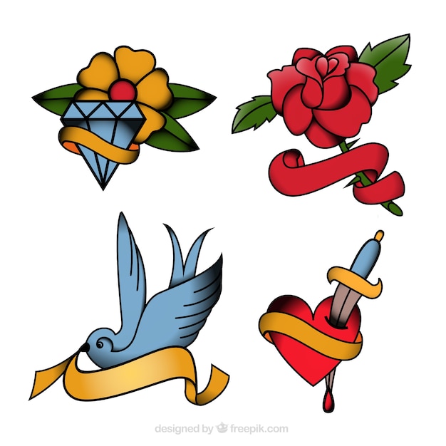 Free Vector tattoos of flowers and bird pack 