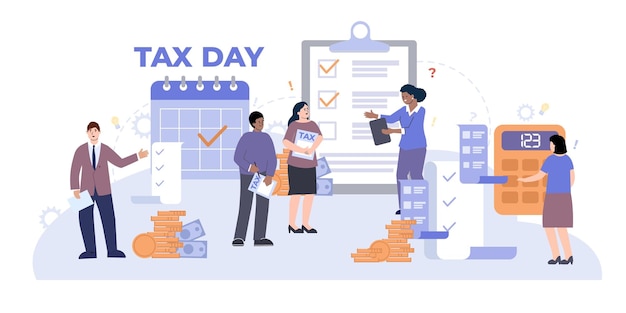 Free Vector tax people flat composition with smart human characters coin stacks receipts calculators calendars and check marks vector illustration