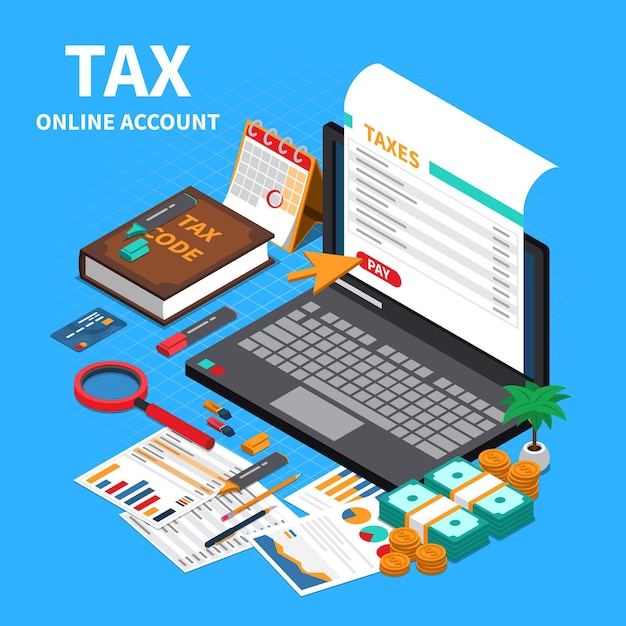 Free Vector tax statement on web isometric composition with laptop screen online account code specifications handbook payment