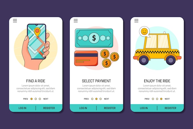 Free vector taxi service onboarding app screens