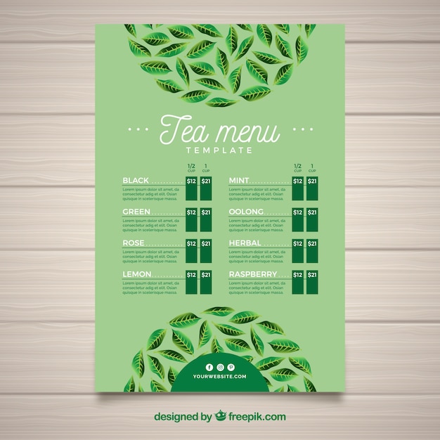 Tea menu template with different drinks