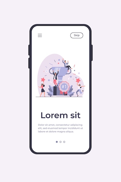 Team of happy employees winning award and celebrating success. Business people enjoying victory mobile app template