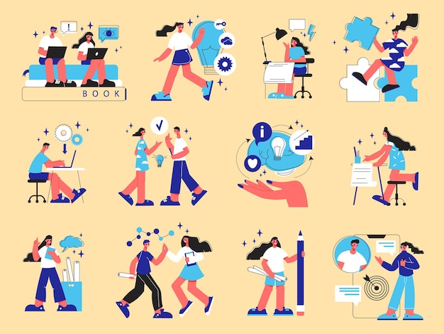Free vector team work flat icons set with people cooperating at office isolated vector illustration
