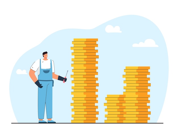 Technician with screwdriver standing near stacks of gold coins