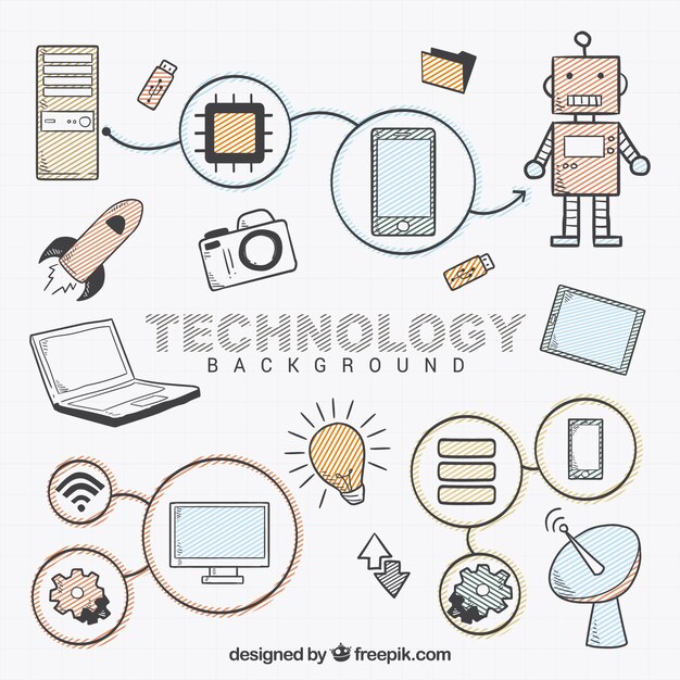 Technology background with devices in hand drawn style