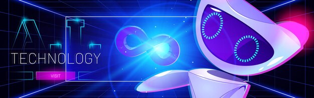 Technology cartoon web banner artificial intelligence robot at neon glowing hud