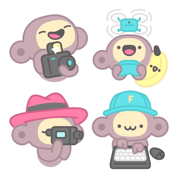 Free vector technology stickers collection with monkey and banana