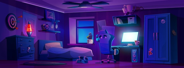 Free vector teen boy bedroom interior at night