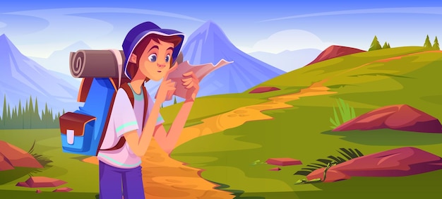 Free vector teen male tourist hiking in mountains
