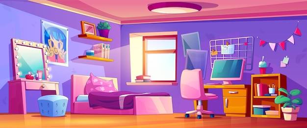 Free vector teenage girl room interior with pink furniture