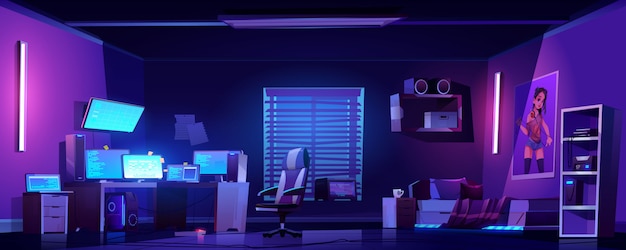 Teenager boy bedroom interior, computers on desk