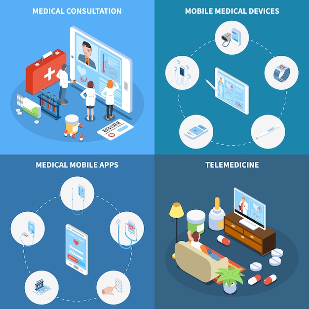 Free Vector telemedicine isometric concept with online consultation medical mobile apps and devices isolated