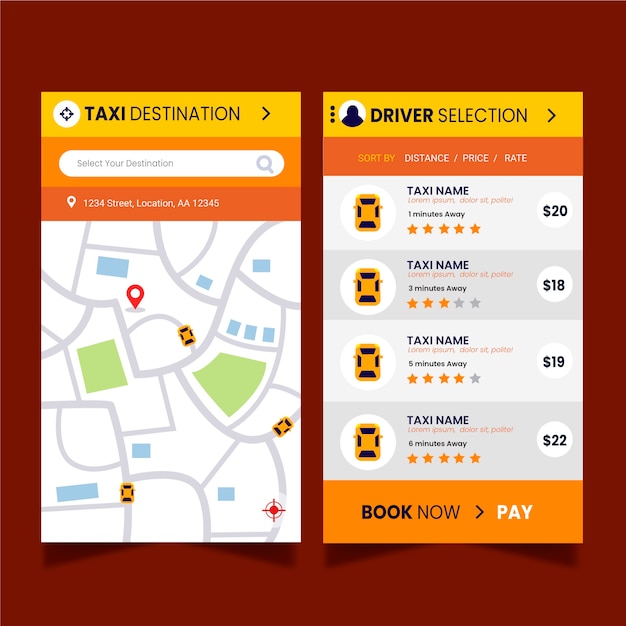 Free Vector template for taxi app interface