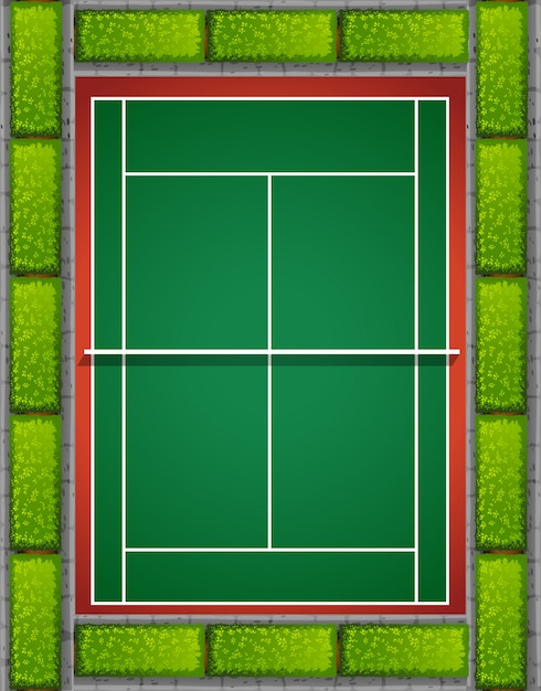 Tennis court with bushes around