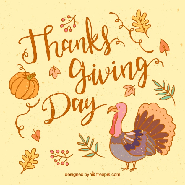 Free Vector thanksgiving lettering with hand drawn turkey