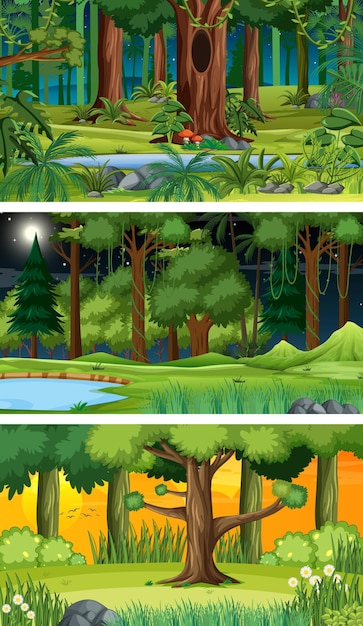 Free vector three different nature horizontal scenes