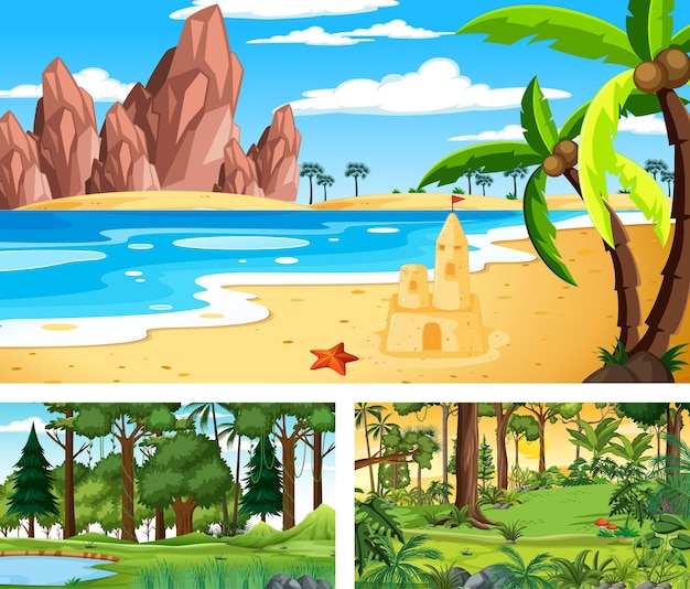 Free Vector three different nature horizontal scenes