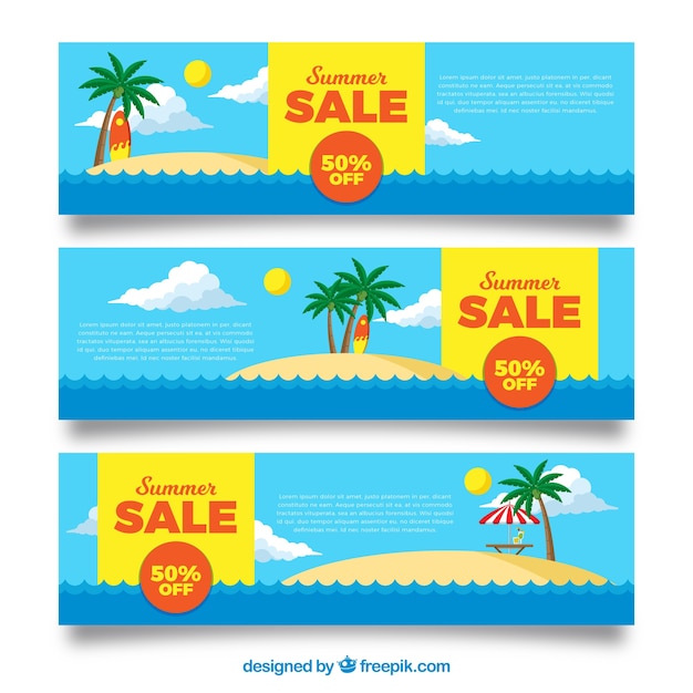 Free Vector three flat summer sale banners