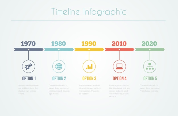 Free Vector timeline infographic with diagrams and text with five steps