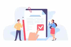 Free vector tiny people signing legal principles document. protection of privacy data, control of employee, statement with text protocol flat vector illustration. regulation procedure concept