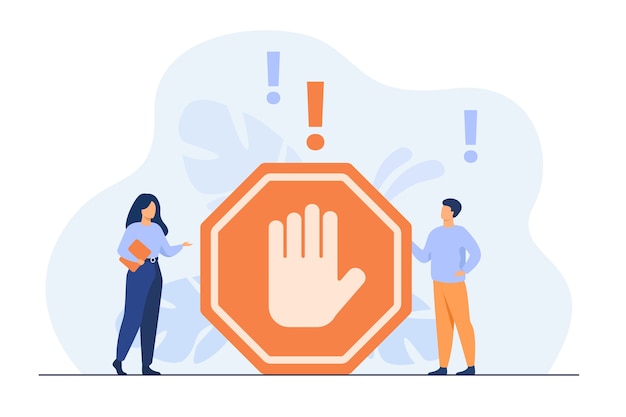 Free vector tiny people standing near prohibited gesture isolated flat illustration.