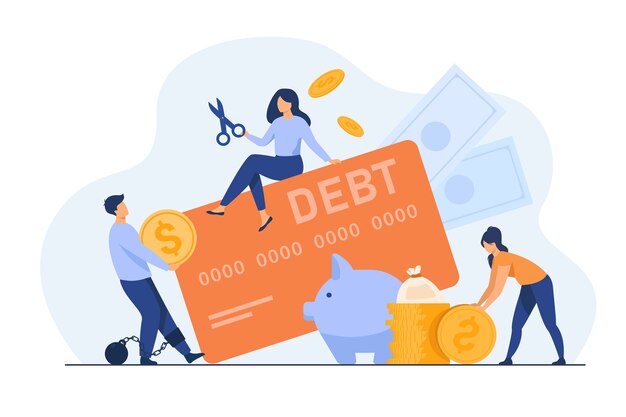 Tiny people in trap of credit card debt flat illustration.