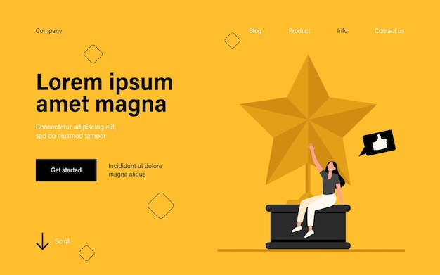 Free Vector tiny woman sitting on large golden star. landing page in flat style.