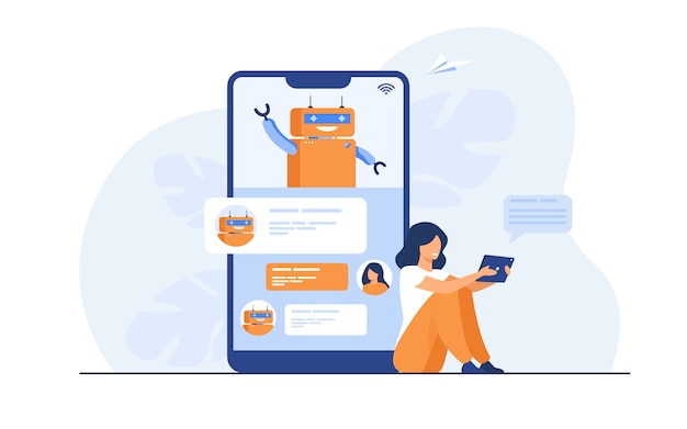 Free vector tiny woman using mobile assistant with chatbot