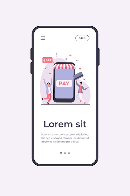 Free vector tiny young guys paying with plastic card via mobile app. smartphone, online, store flat vector illustration. shopping and digital technology concept mobile app template