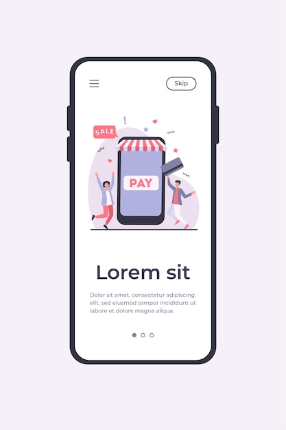 Free Vector tiny young guys paying with plastic card via mobile app. smartphone, online, store flat vector illustration. shopping and digital technology concept mobile app template