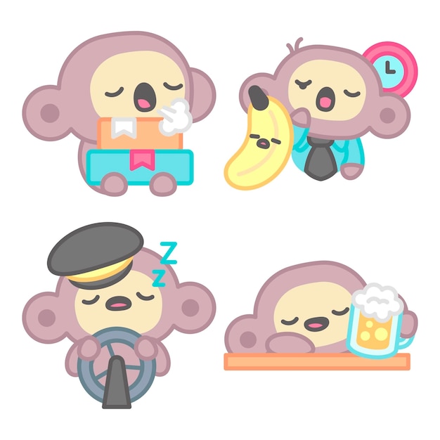 Free vector tired stickers collection with monkey and banana