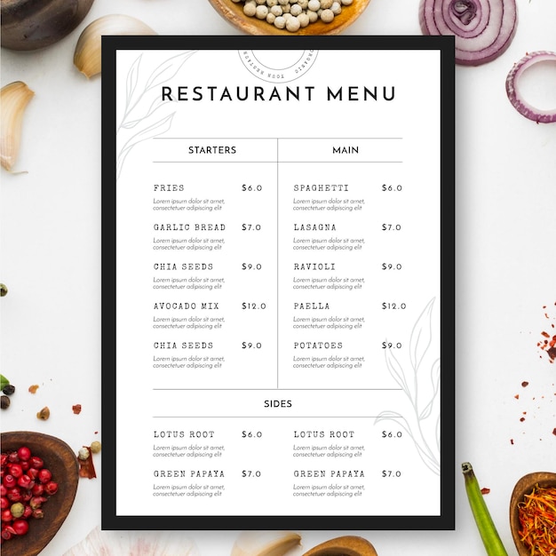 Top view restaurant menu and food