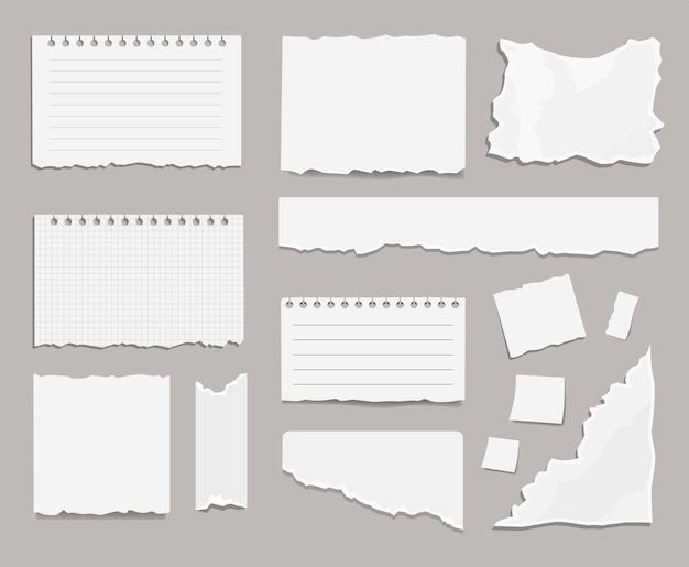 Free vector torn white paper scraps cartoon illustration set. ragged square pieces of notebook sheets. ripped empty notes or memo, blank damaged notepaper with shred edges. scrapbook concept