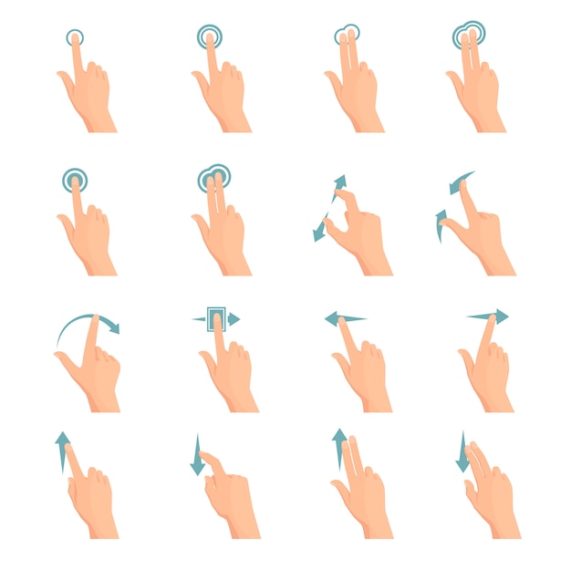 Touch screen hand gestures flat colored icon series with arrows showing direction 