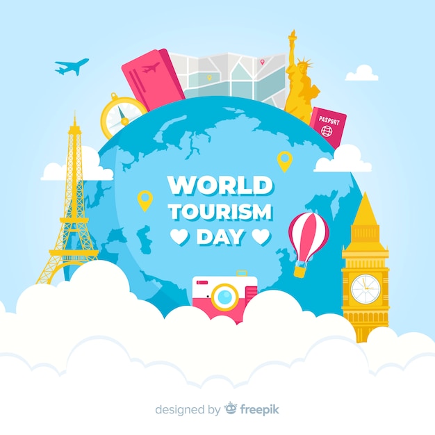 Free Vector tourism day background with world and monuments in flat design