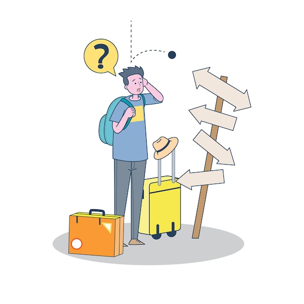 Free Vector tourist man looking navigation confusing choose way with road sign, cartoon illustration for traveller and backpacker