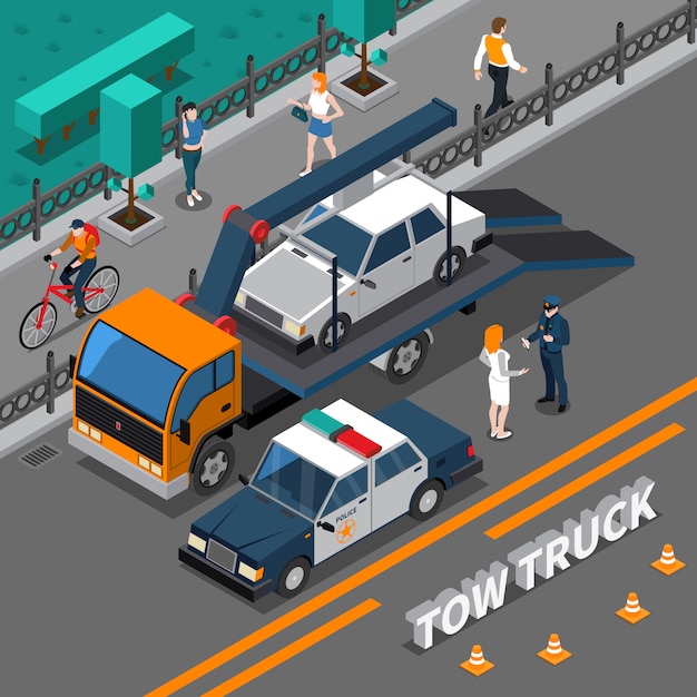 Free Vector tow truck isometric composition