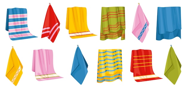 Free Vector towel bath set of isolated icons with images of hanging bathing towels with various colorful patterns illustration