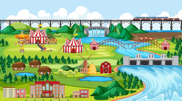 Free vector town or city with amusement park and river side landscape scene