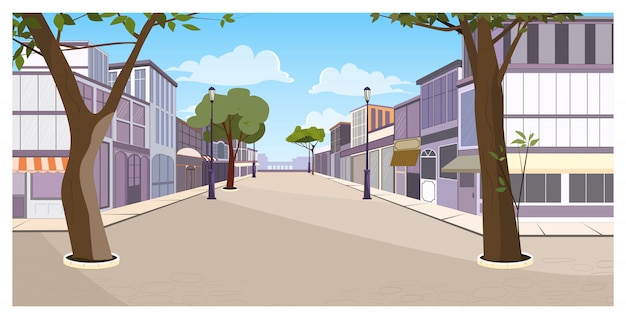 Free vector town street with buildings, trees and empty pavement