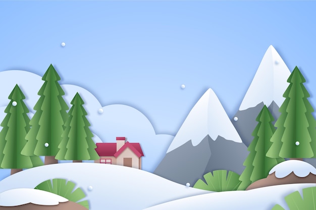 Town in winter in paper style background