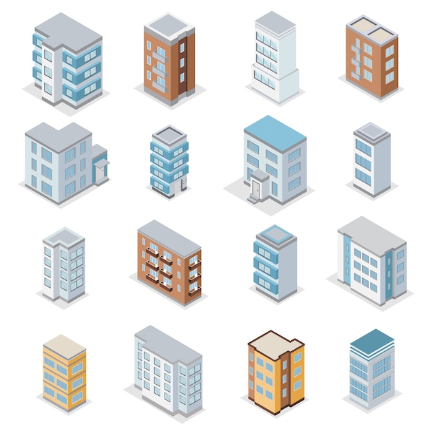 Free vector townhouse building icons set with city landscape isometric isolated  illustration