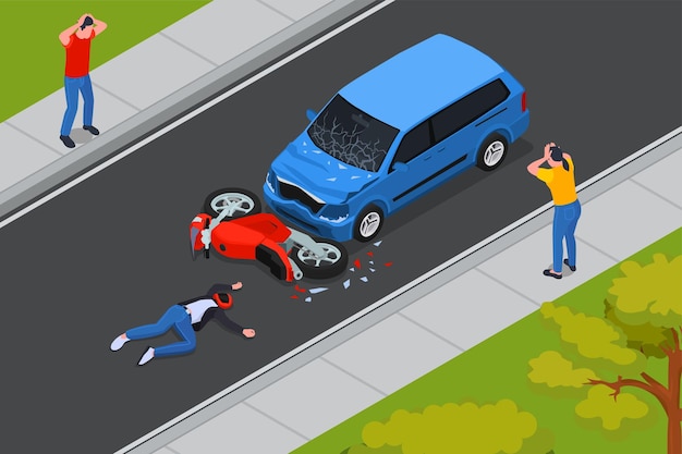 Free Vector traffic accident isometric composition with crash between car and motorcycle injured motorcyclist on road bystanders vector illustration