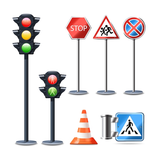 Free vector traffic sign and lights realistic 3d decorative icons set
