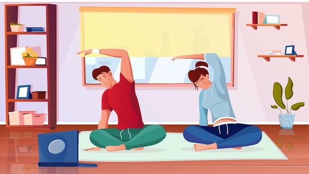 Free Vector training fit online flat composition with sitting people practicing yoga at home looking at laptop course illustration