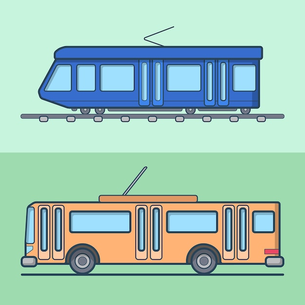 Free Vector tram trolleybus trolley bus public transport set. linear stroke outline    icons.